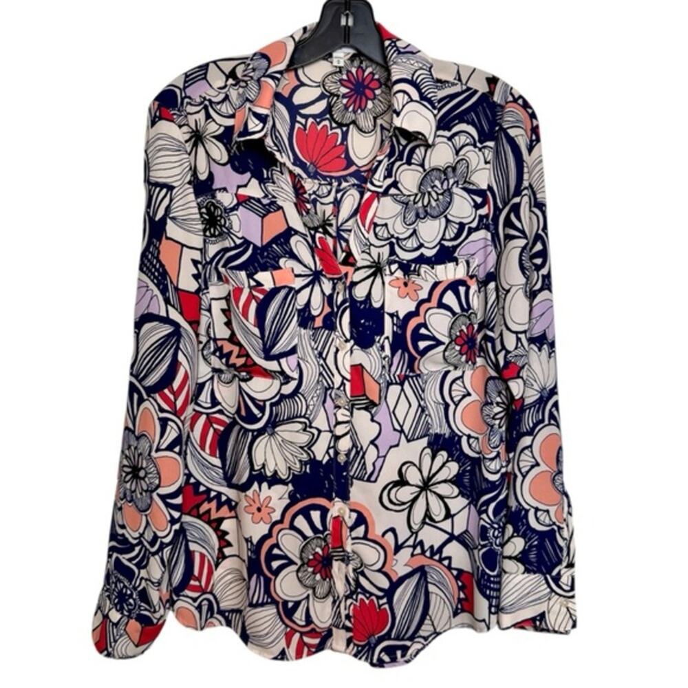 Express Portofino Floral Business Casual Slim Fit Button Down Blouse Medium